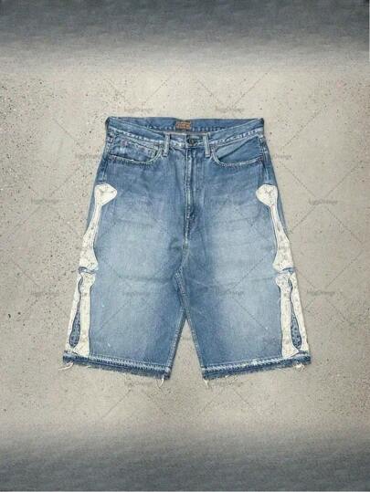 American Street Letter Embroidered Retro Denim Shorts Men's Y2k Casual Embroidered Bone Denim Shorts Men's And Women's