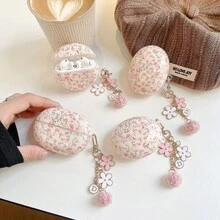 Minimalist Pink Floral Rose Flower Elements Protective Bluetooth Earphone Case With Flower Charm Keychain For Huawei Freebuds Clip2/Clip Wireless Bluetooth Earphones, Freebuds Pro3/Pro4/7i, Freebuds Clip/SE2/SE3/5i/6i/Freebuds6 Bluetooth Earphones Gift Party - Pink - View 3