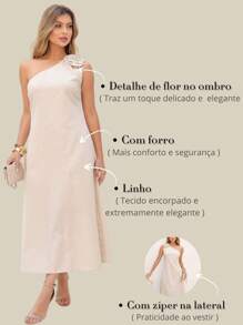 Vestido Midi Um Ombro com Flor Aplicada Delicada e Elegante  Linho    Assimétrico  Zíper