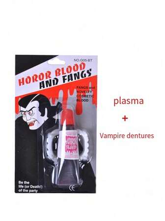 1 set artificiell blodplasma och vampyrtänder för Halloween, skrämmande vampyrrollspelsfilmsrekvisita, sminkleksak [slumpmässig stil och färgvariation]