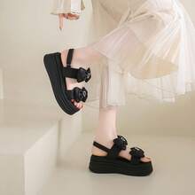 黒プラットフォームリボン甘いサンダル女性の夏の 2025 新しい小さな厚底ベルクロサンダル - ブラック - チェックする 5