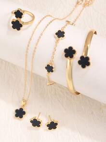 6pcs/Set Korean Style Five-Leaf Flower Earrings, Necklace, Bracelet, Ring Jewelry Set, Fashion Lucky Flower & Plum Blossom Accessory, Suitable For Valentine's Day, Daily Wear, Holiday Gift,Mom,Mother,Mother's Day,Gift - Rose Gold - View 12