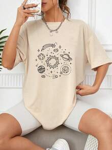 Camiseta Mujer Happy Planet Impresa Primavera y Verano Casual Suelta Cuello Redondo Manga Corta - Albaricoque - Ver 1