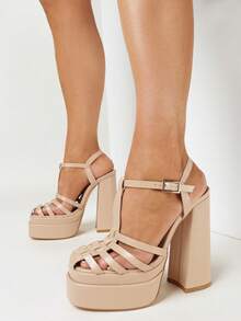 Platform And Block Heel Sandals With Thin Straps And Buckle - Beige - View 1