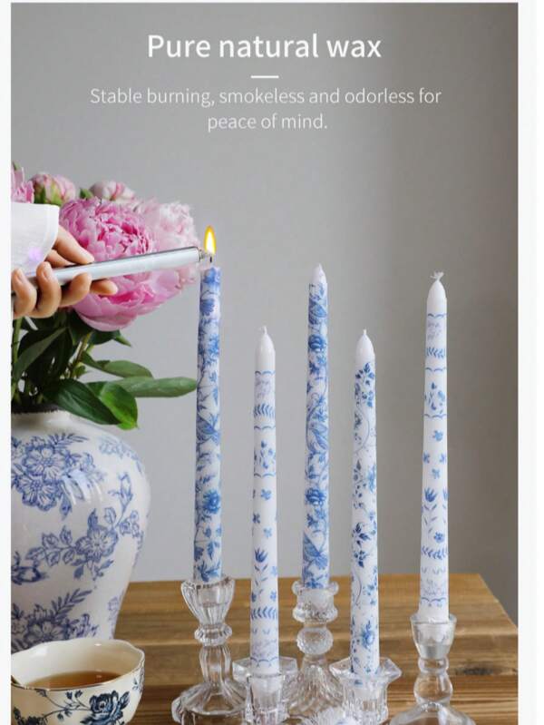 2pc25cm Blue & White Celadon Print Pole Wax Unscented Long Pole Candle For Home Decor Wedding Party