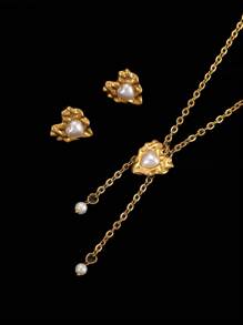 3 Stücke Vintage 18 Karat Vergoldet Edelstahl Herz & Perlen Schmuckset - Halskette & Ohrringe, elegantes Charm Geschenk für Frauen, modisch & einzigartig