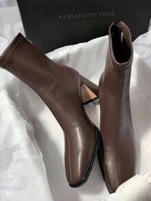 Brown Patchwork Ankle Boots For Women, High Heel Chunky Heel Back Zipper Square Toe, New Korean Version Slim Stretch Boots For Winter, Elegant