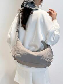 1 件女士尼龙面料多口袋饺子形褶皱抽绳斜挎包，柔软休闲百搭流浪包 - 灰色 - 查看 2