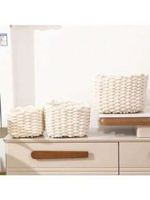 棉线编织方形收纳篮，日式米色收纳篮，用于桌面杂物收纳、零食玩具及钥匙收纳整理方形手工编织棉绳桌面收纳篮，用于整理收纳杂物零食手工草编软收纳 - 米色 - 查看 6