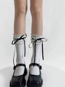 1 par de calcetines cortos de mujer con decoración de cinta estilo japonés lindo