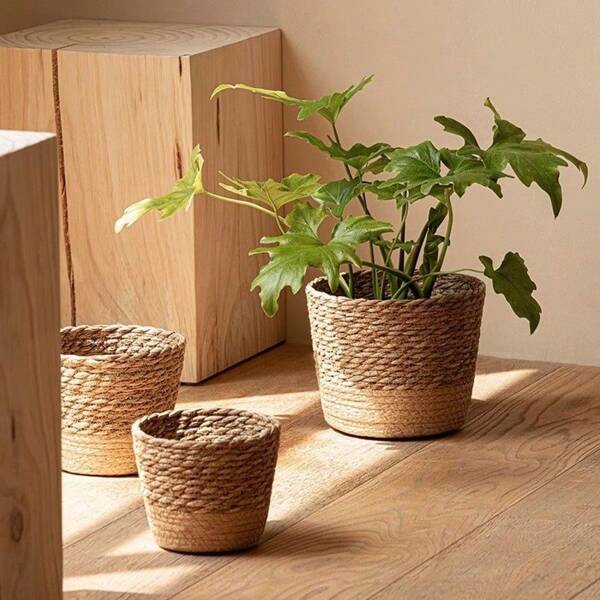 1pc/3pcs Nordic Natural Seagrass Woven Plant Pot, Rattan Planter For Greenery, Home Decor Flower Holder Basket