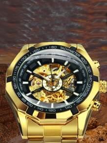 FORSINING 1pc Classic Skeleton Automatic Mechanical Watch For Men Luminous Hands Gold Stainless Steel Strap Business Casual Men Watches Top Brand Luxury Wristwatches Gifts