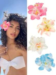 4pcs/1set Hawaiian Flower Hair Clips, Women Artificial Tropical Flower Hibiscus Hair Claws For Beach Holiday Party Boho Style, Fashion, Elegant, Minimalist, Solid Color, Suitable For Daily, Casual, Party, Commute, Vacation, Bun, Ponytail, Face Washing, Makeup, Outfit Accessories - Multicolor - View 1