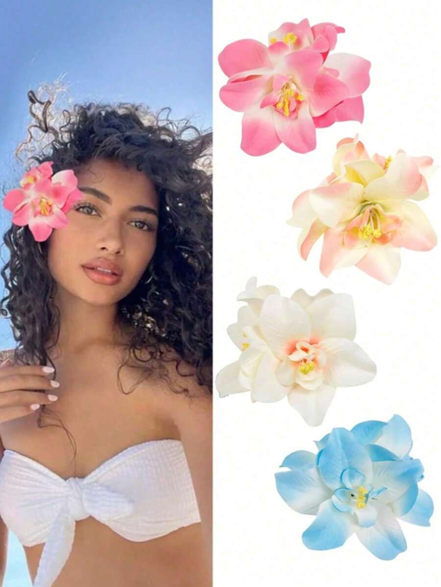 4pcs/1set Hawaiian Flower Hair Clips, Women Artificial Tropical Flower Hibiscus Hair Claws For Beach Holiday Party Boho Style, Fashion, Elegant, Minimalist, Solid Color, Suitable For Daily, Casual, Party, Commute, Vacation, Bun, Ponytail, Face Washing, Makeup, Outfit Accessories - Multicolor - View 1
