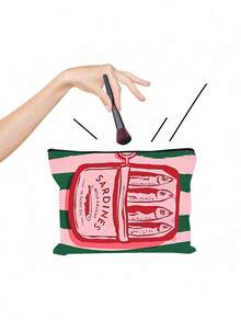 女士可重复使用手提袋、手提包和化妆包套装 - 色彩缤纷的简约粉绿条纹沙丁鱼罐头印花涤纶购物袋，固定肩带设计，适合海滩、野餐、购物和食品收纳