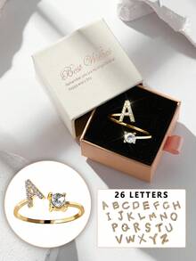 礼盒装 26 字母奢华水钻金色开口戒指，适合女性婚礼订婚派对生日礼物 - 金色 - 查看 1