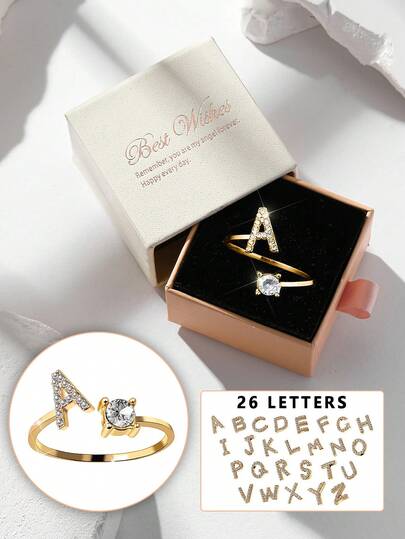 礼盒装 26 字母奢华水钻金色开口戒指，适合女性婚礼订婚派对生日礼物
