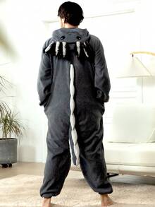 Men Funny Animal Salamander Zipper One-Piece Jumpsuit Pajamas With Pockets And Hood, Machine Washable, Perfect For Christmas Or Casual Home Wear, Unisex New Style Outerwear Newt Pajamas, Fall, Winter - Dark Grey - View 2