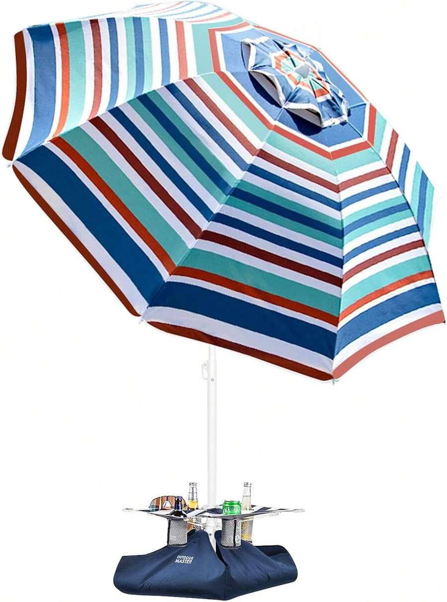 Beach Umbrella With Sand Bag And Cup Holder - 6.5ft Beach Umbrella With Sand Anchor, UPF 50+ PU Coating With Carry Bag For Patio And Outdoor - New Blue/Red Striped With Cup Holder - 紅色 - 查看 1