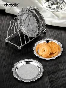 choxila 1pc/6pcs Metal Trays With Rack, Round Coasters With Stand, Decorative Plates With Holder, Cake Fruit Dessert Nut Mini Tray, Desktop Metal Cup Mats, For Bar, Home, Kitchen, Coffee Table Decoration (Gold)