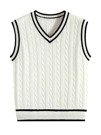 Men's Collegiate Style Casual Versatile Striped Contrast Color Knit Vest , Fall Winter