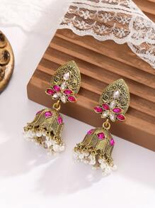 1 Pair Of Zinc Alloy Retro And Fashionable Women's Earrings With Colored Water Rhinestones Imitating Pearls, Classic Stud Earrings, Colored Rhinestone Birdcages, And Heavily Crafted Stud Earrings For Daily Use, Parties, And Vacations