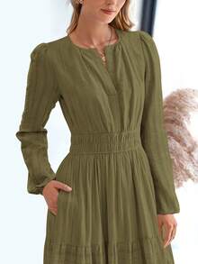 Women Fall Maxi Dresses Long Sleeve High Waist Tiered Flowy A-Line Boho Bohemian Long Dress Beach Holiday Vacation Wedding Guest Valentine Outfit - 軍綠色 - 查看 5