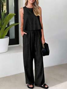 Women's Linen-Like 2 Pieces Summer Outfit - Sleeveless Top And Elasticated Waist Pocket Pants, Casual & Suitable For Vacation, Commute - Black - View 2