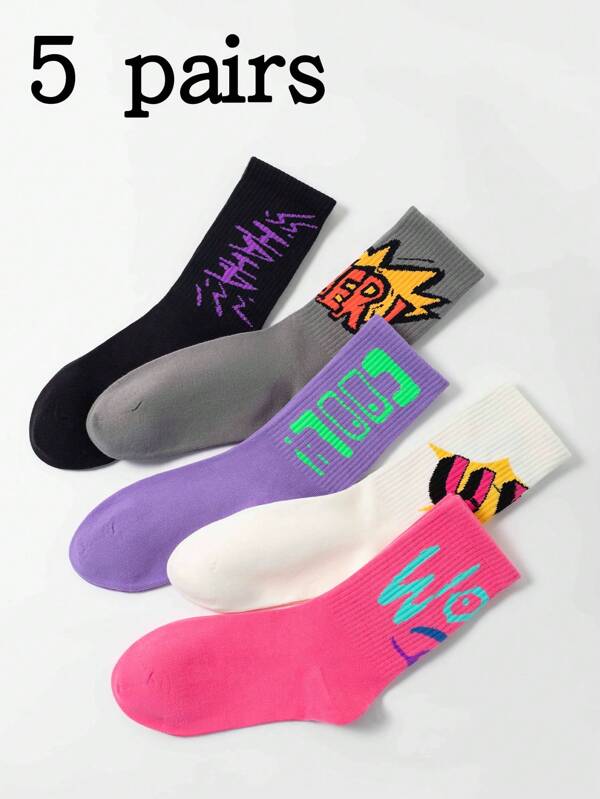 5 pares de meias de algodão unissex com estampa de grafite, cores mistas e na altura da panturrilha, adequadas para combinar com vários sapatos, ótimo presente para família e amigos