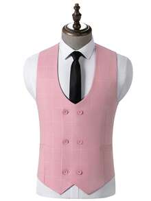 Mens Suit 4 Piece Suits Plaid Double Breasted Formal Business Wedding Prom Suit Male Groom, Blazer+Vest+Pant - 粉色 - 查看 3