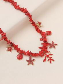 1pc Bohemian Coral Starfish Seashell Beaded Necklace, Natural Shell Color And Shape May Vary, Suitable For Women Beach Vacation, Summer Casual Everyday Wear, Travel Gift