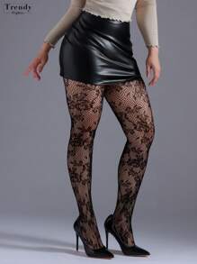 1 Stück Große Größen Frauen Gothic Blumen Spitze Jacquard Fischernetz Halterstrumpfhose, elastische Skinny Leggings, modische sexy schwarze Netzstrümpfe, geeignet für alle Jahreszeiten