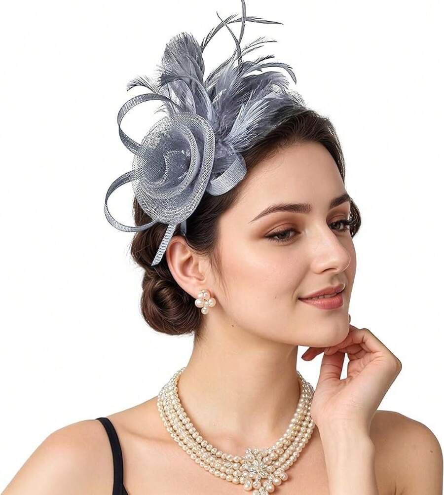 Fascinators Hats Women,Tea Party Fascinator Hair Clip With Feathers Wedding,Derby Hats Headbands - Ha9462-灰色 - View 1