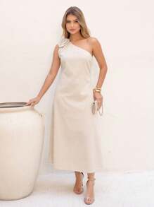 Vestido Midi Um Ombro com Flor Aplicada Delicada e Elegante  Linho    Assimétrico  Zíper