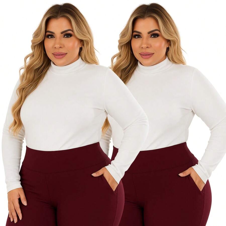 Kit 2 Women's Plus Size Cacharrel Blouse Long Sleeve High Neck Ribbed G1 To G3 - 2 White - View 1