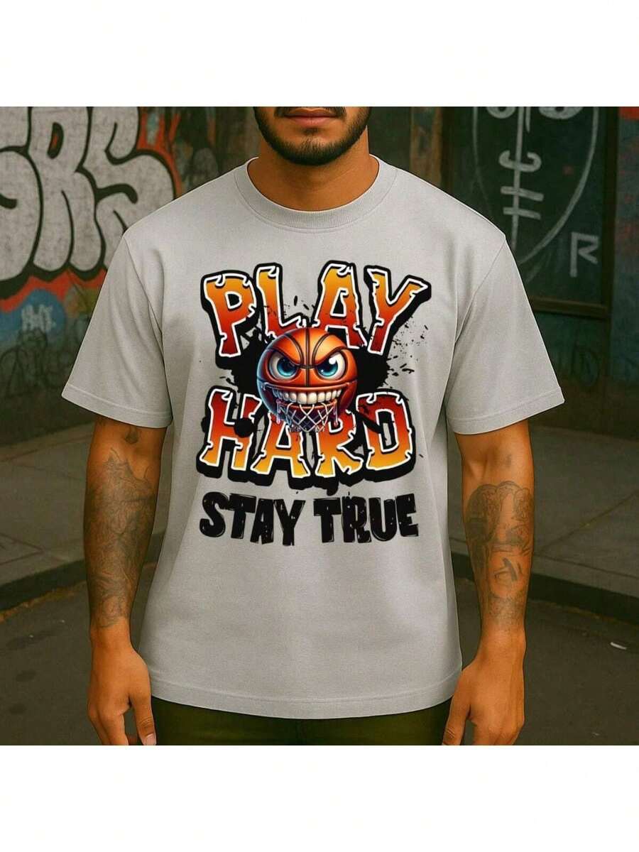 Camiseta Masculina Streetwear Basketball Play Hard Lançamento Tecido de Alta Qualidade - Cinza - Visão 1