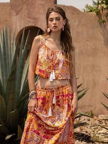 Faeriesty BohoBloom 女士波西米亚风两件套：露脐吊带上衣和飘逸长裙 - 前系带设计 - 非常适合海滩度假、休闲外出、周末短途旅行、公园野餐和夏季假日探险 - 橘色 - 查看 9