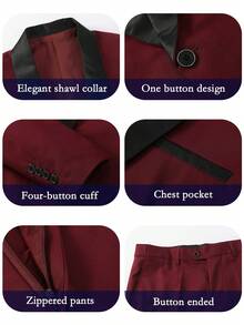 4 PCS Men Suit Tuxedo Vest Pants Bow Shawl Collar One Button For Wedding Banquet Prom Chic Elegant Men Attire - 酒紅色 - 查看 3