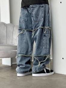 垃圾摇滚哥特 Y2K 风格时尚休闲流苏年轻街头时尚学院运动宽松直筒阔腿百搭休闲男士牛仔裤