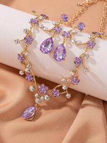 3pcs Set Luxury Rhinestone Flower Star Design Necklace & Earrings Jewelry Set, Elegant Decor For Women's Wedding, Party, Banquet, A Special Gift For Wife, Girlfriend, Family