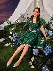 Faeriesty Dreamy Vintage-Chic Bubble Sleeve Plaid Dress With Lace Trim Neckline, Waist, And Hem, Adjustable Drawstring Hem – Perfect For Spring/Summer Garden Parties, Casual Outings, And Elegant Events (Boho-Romantic Style, Vibrant Plaid Fabric, Flowy Ruffles, Seasonless Versatility) Summer Dress Spring Clothes