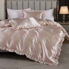 300 Thread Count Satin Duvet Cover Set Ruffled Duvet Cover Set Silk Like Satin Bedding Set Solid Color Bedding Sets Silky Ruffled Duvet Cover Set Luxury Hotel Bedding Cover Set All Season Quilt Cover With Pillowcases - Bụi hồng - Xem 5