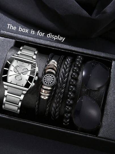 5PCS Men's Business Casual Low-Key Luxury Personalized Watch, Bracelet, Sunglasses Combination Set, Suitable For Holiday Gatherings, Parties, Perfect Couples/Husband Gift To Express Love And Care, Cherish Precious Moments