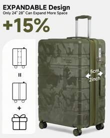 Sea Choice Luggage Set 3 Piece 24/28 Inch Expandable RPO Hard Shell Camouflage Suitcases RyanAir 55 X 35 X 20cm Cabin Suitcase TSA Lock YKK Zipper Spinner Wheels With Spring Shock Absorber Brake Function