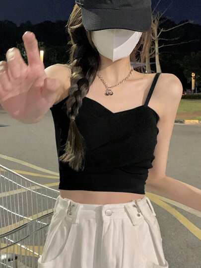Solid Color Spaghetti Strap Cropped Short Casual Tank Top For Women, Sleeveless, Spring/Summer