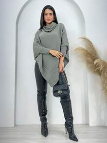 Swisz Women's Winter Poncho Knit Long Sleeve V-Neck Sweater With Scarf - 淺灰色 - 查看 3