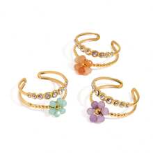 Uworld Summer Vacation 18K Gold Plated Stainless Steel Multi-Layer Crystal Colored Flower White Zirconia Ring Women Jewelry Gift