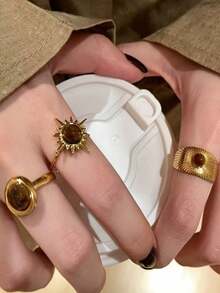 Tropiscape 一套3件复古金色向日葵和卡其色开口戒指，独特简约设计配饰套装，圣诞礼物 - 戒指套裝 - 查看 7