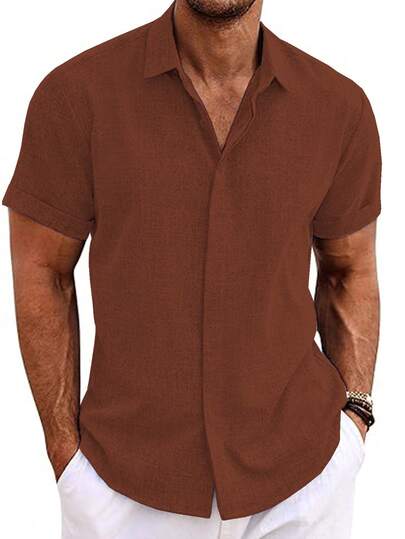 GLESTORE 男士复古风情亚麻质感纯色纽扣短袖衬衫，尽显老钱气质，四季皆宜的休闲百搭单品