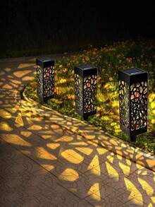 6/12-Solar Garden Light, Black Rectangular Warm-Colored Hollowed-Out Design, ABS Outdoor Garden Ground Installation Solar Light Theme Lawn Light, With Waterproof Automatic Sensor Light Source Switch, Garden Backyard Decoration, Outdoor Decoration, Front Door Decoration, Path Light, Outdoor Plug-In Hollowed-Out Light - Warm Light - View 5